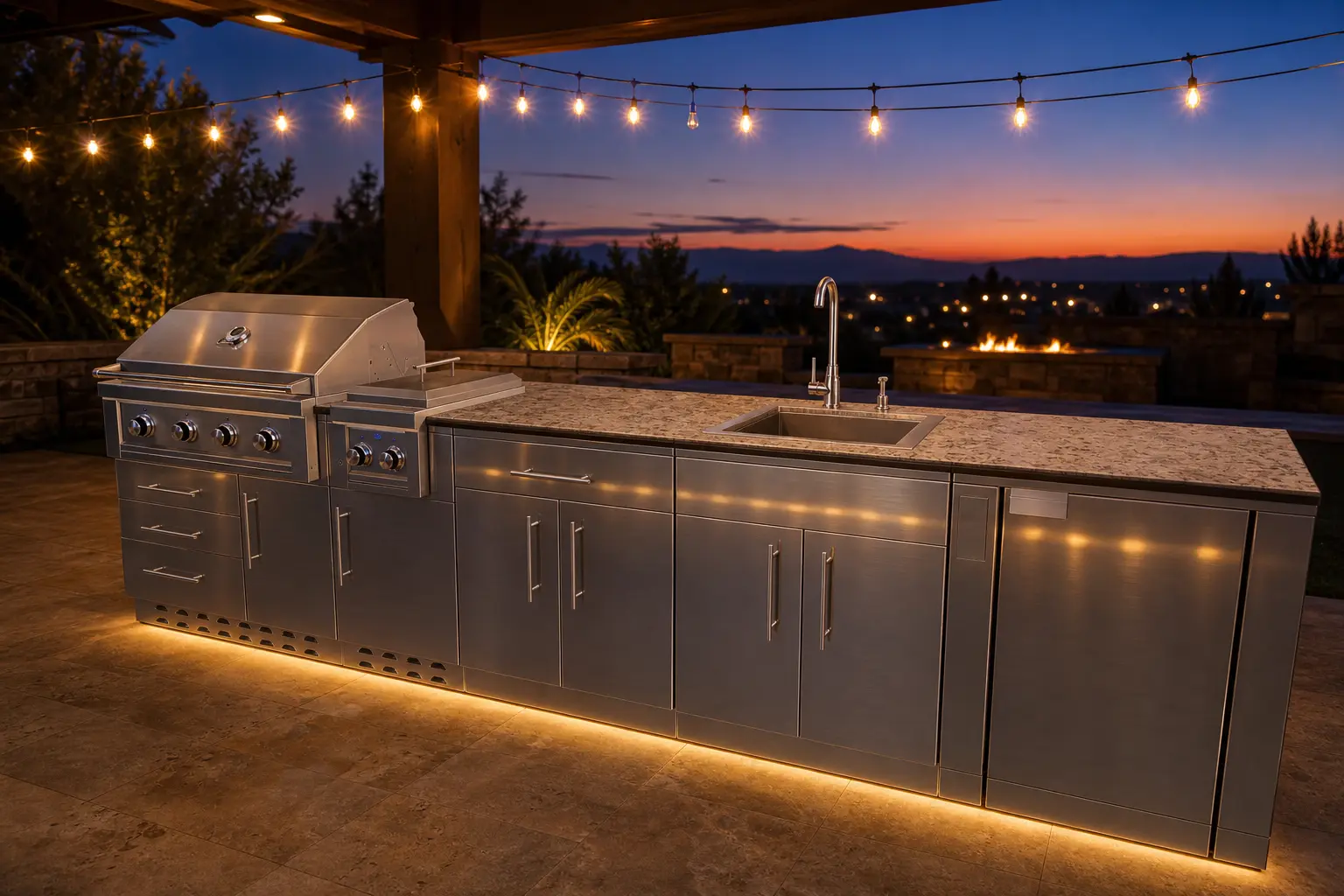 Cabinet island with the grill lit