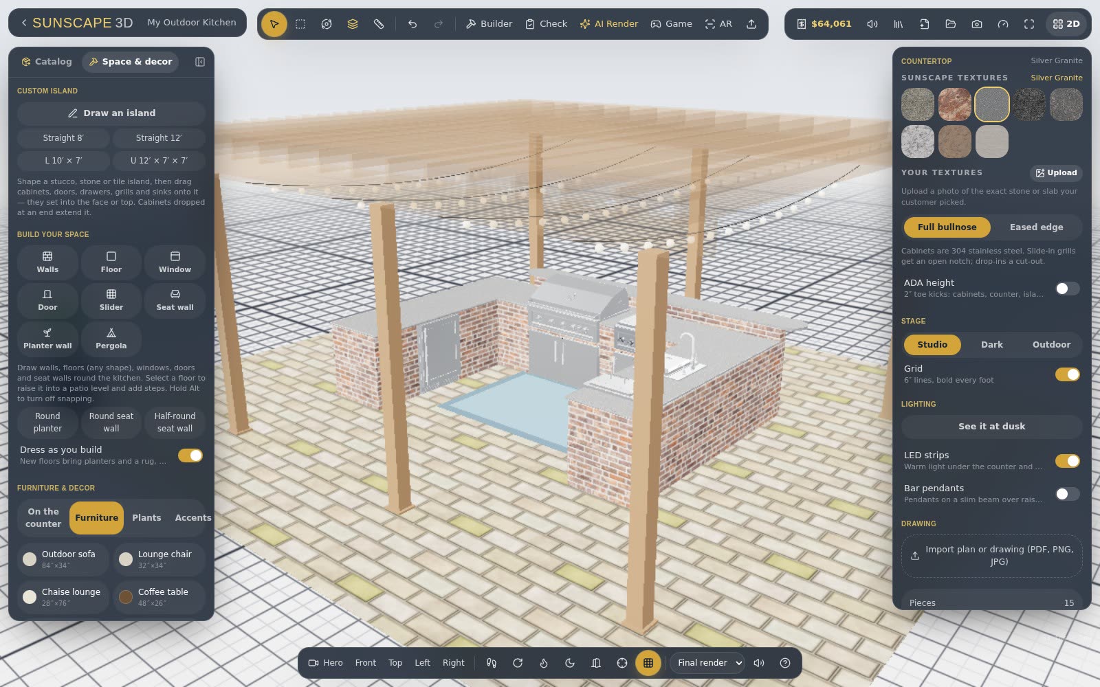 Design the whole backyard: patios, steps, seat walls, pergolas and pools