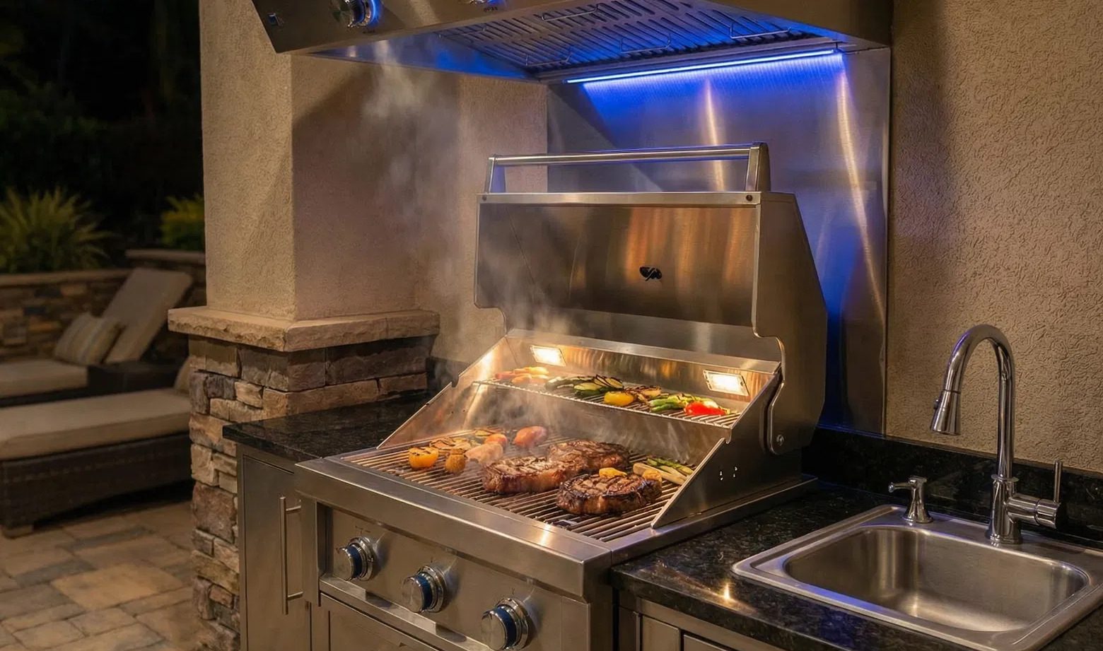 Outdoor kitchen vent hoods in a finished scene