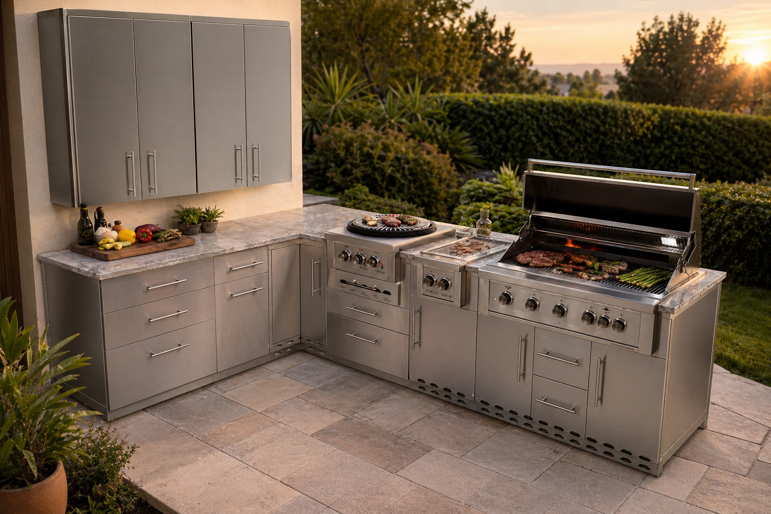 An ultra-photorealistic product photograph of an outdoor kitchen appliance — such as a gas grill, refrigerator, sink, cabinet, drawer, or bar center, stainless steel cabinets, bbq doors/drawers — captured in a modern, realistic high-end outdoor kitchen scene. Camera angle, view, lens, position, or perspective may be adjusted for optimal composition. The product's pose, proportions, and key details are preserved faithfully while integrated naturally into the environment. do not have extra outdoor