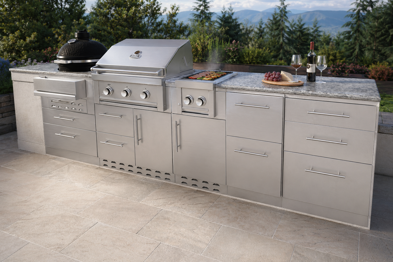 An ultra-photorealistic product photograph of an outdoor kitchen appliance — such as a gas grill, refrigerator, sink, cabinet, drawer, or bar center, stainless steel cabinets, bbq doors/drawers — captured in a modern, realistic high-end outdoor kitchen scene. Camera angle, view, lens, position, or perspective may be adjusted for optimal composition. The product's pose, proportions, and key details are preserved faithfully while integrated naturally into the environment. do not have extra outdoor