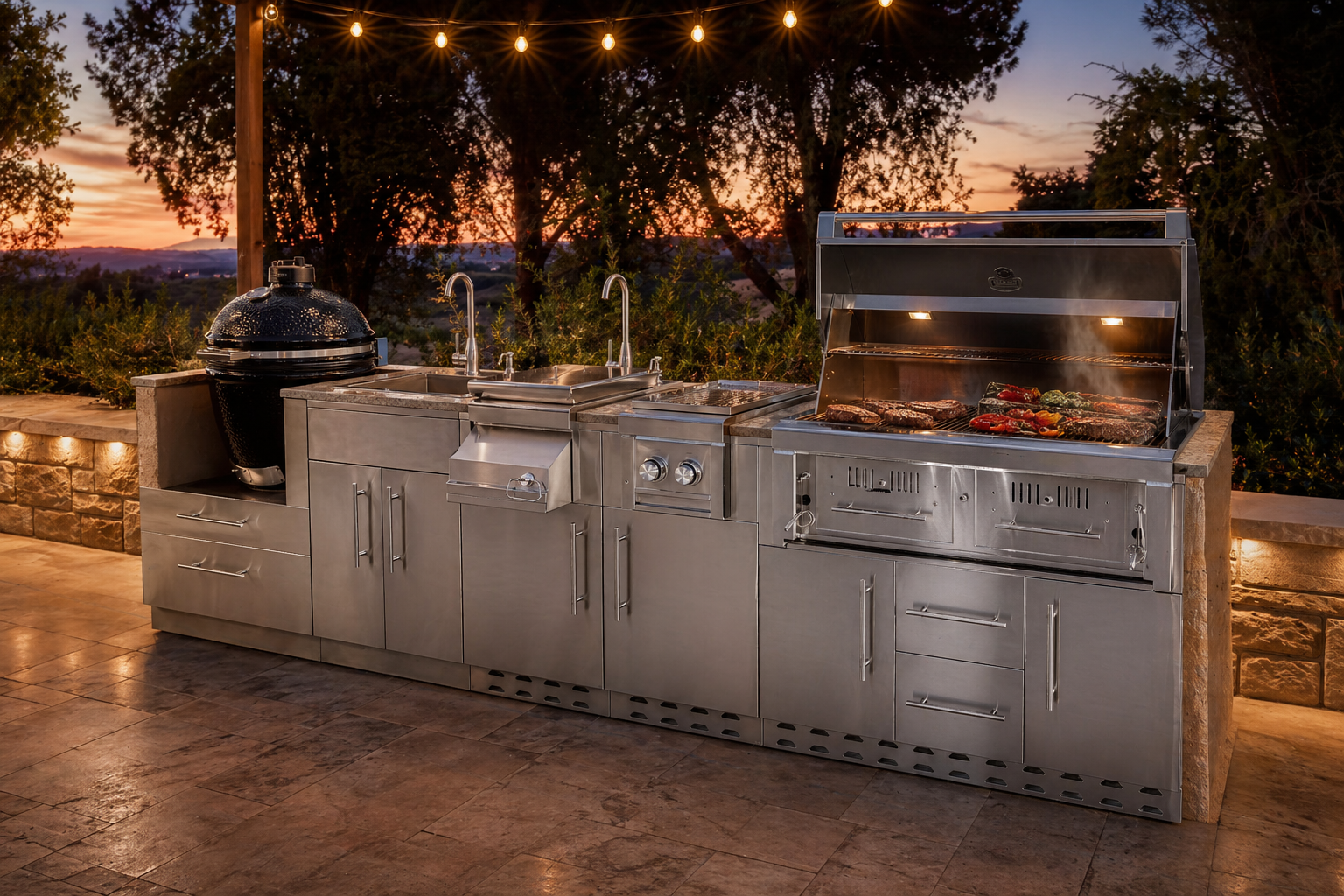 An ultra-photorealistic product photograph of an outdoor kitchen appliance — such as a gas grill, refrigerator, sink, cabinet, drawer, or bar center, stainless steel cabinets, bbq doors/drawers — captured in a modern, realistic high-end outdoor kitchen scene. Camera angle, view, lens, position, or perspective may be adjusted for optimal composition. The product's pose, proportions, and key details are preserved faithfully while integrated naturally into the environment. do not have extra outdoor