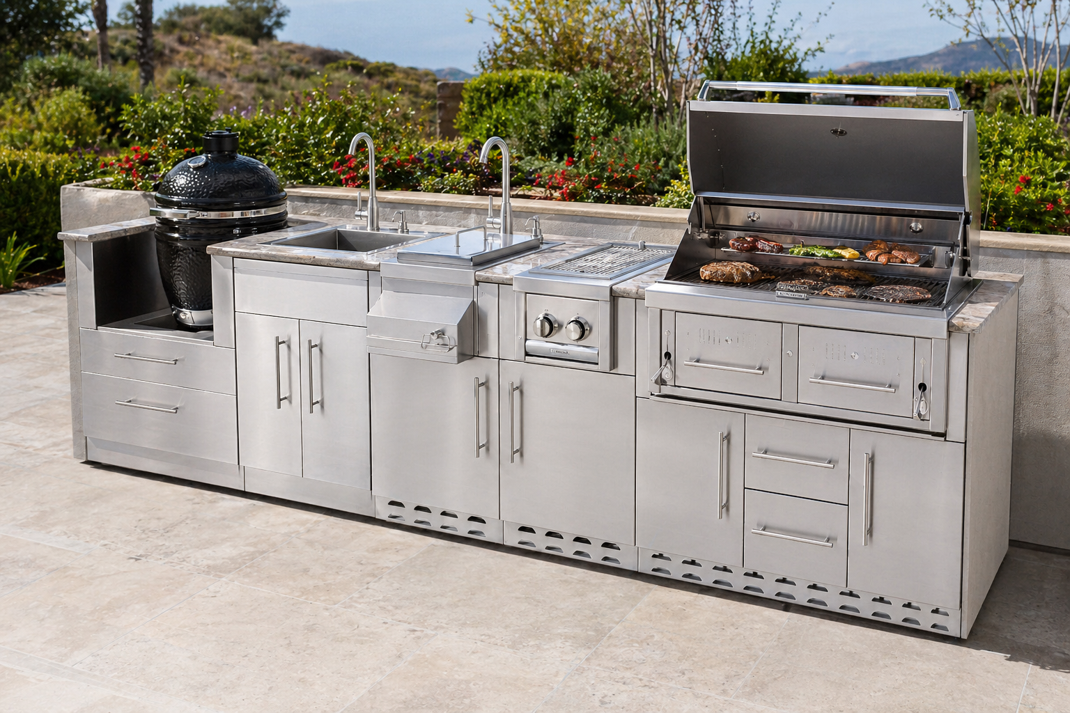 An ultra-photorealistic product photograph of an outdoor kitchen appliance — such as a gas grill, refrigerator, sink, cabinet, drawer, or bar center, stainless steel cabinets, bbq doors/drawers — captured in a modern, realistic high-end outdoor kitchen scene. Camera angle, view, lens, position, or perspective may be adjusted for optimal composition. The product's pose, proportions, and key details are preserved faithfully while integrated naturally into the environment. do not have extra outdoor