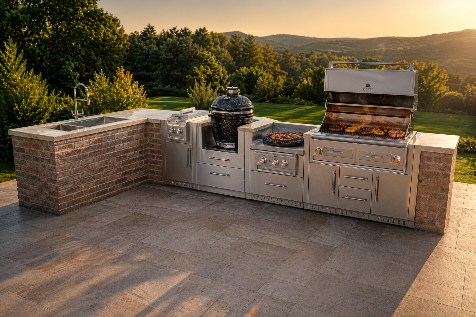 An ultra-photorealistic product photograph of an outdoor kitchen appliance — such as a gas grill, refrigerator, sink, cabinet, drawer, or bar center, stainless steel cabinets, bbq doors/drawers — captured in a modern, realistic high-end outdoor kitchen scene. Camera angle, view, lens, position, or perspective may be adjusted for optimal composition. The product's pose, proportions, and key details are preserved faithfully while integrated naturally into the environment. do not have extra outdoor