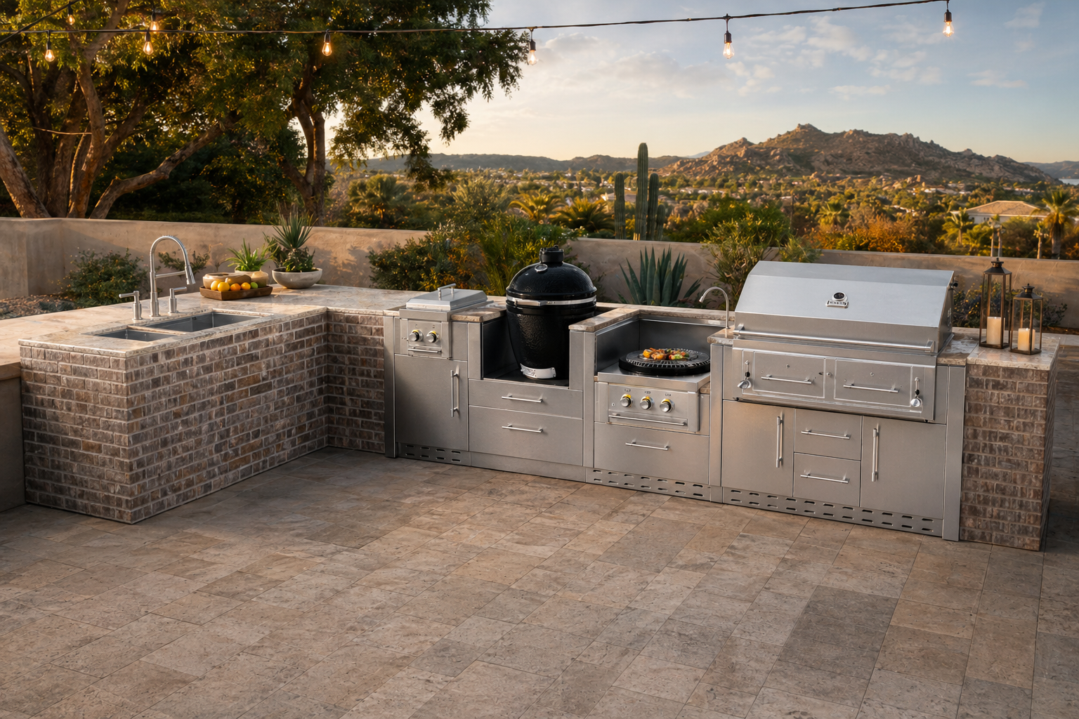 An ultra-photorealistic product photograph of an outdoor kitchen appliance — such as a gas grill, refrigerator, sink, cabinet, drawer, or bar center, stainless steel cabinets, bbq doors/drawers — captured in a modern, realistic high-end outdoor kitchen scene. Camera angle, view, lens, position, or perspective may be adjusted for optimal composition. The product's pose, proportions, and key details are preserved faithfully while integrated naturally into the environment. do not have extra outdoor