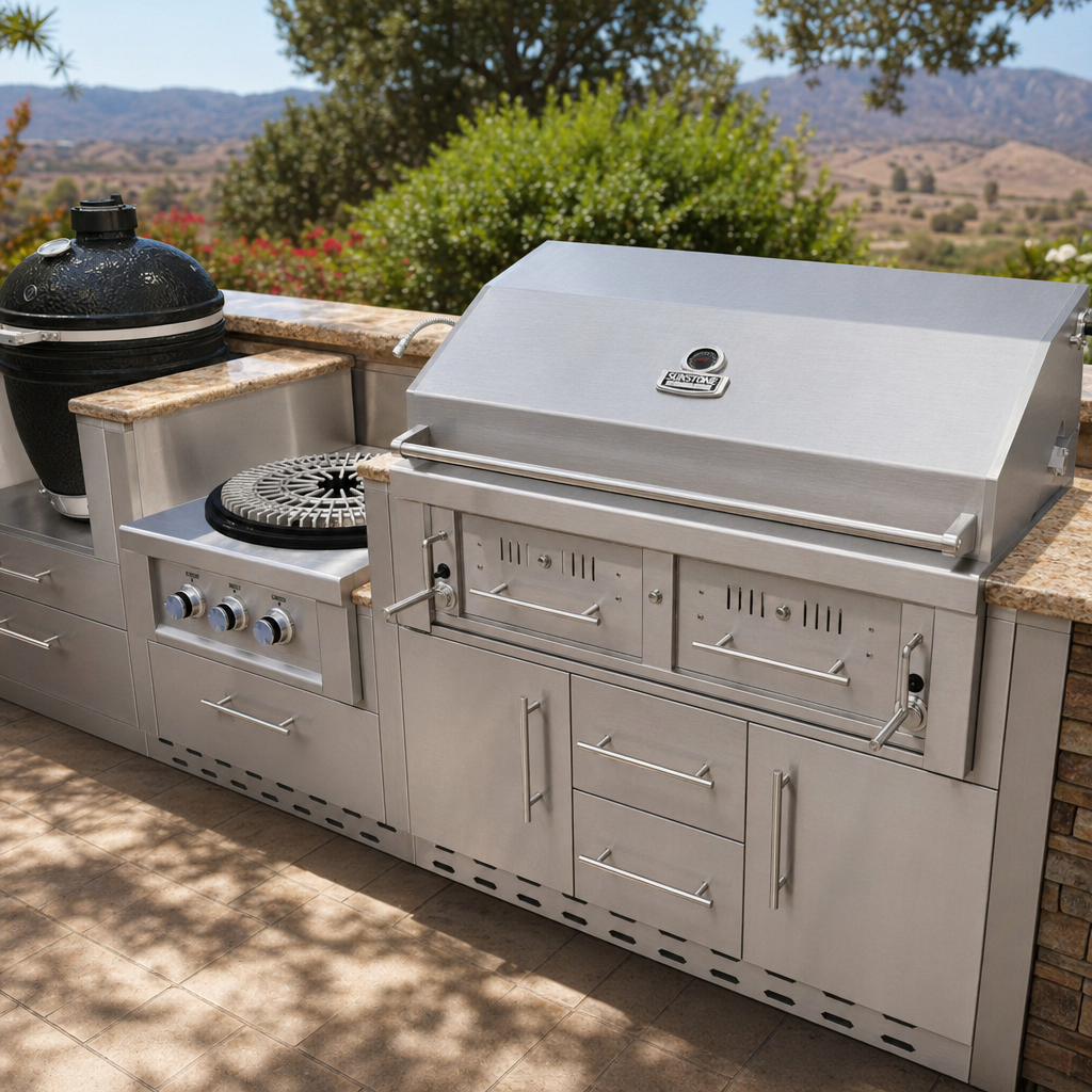 An ultra-photorealistic product photograph of an outdoor kitchen appliance — such as a gas grill, refrigerator, sink, cabinet, drawer, or bar center, stainless steel cabinets, bbq doors/drawers — captured in a modern, realistic high-end outdoor kitchen scene. Camera angle, view, lens, position, or perspective may be adjusted for optimal composition. The product's pose, proportions, and key details are preserved faithfully while integrated naturally into the environment. do not have extra outdoor