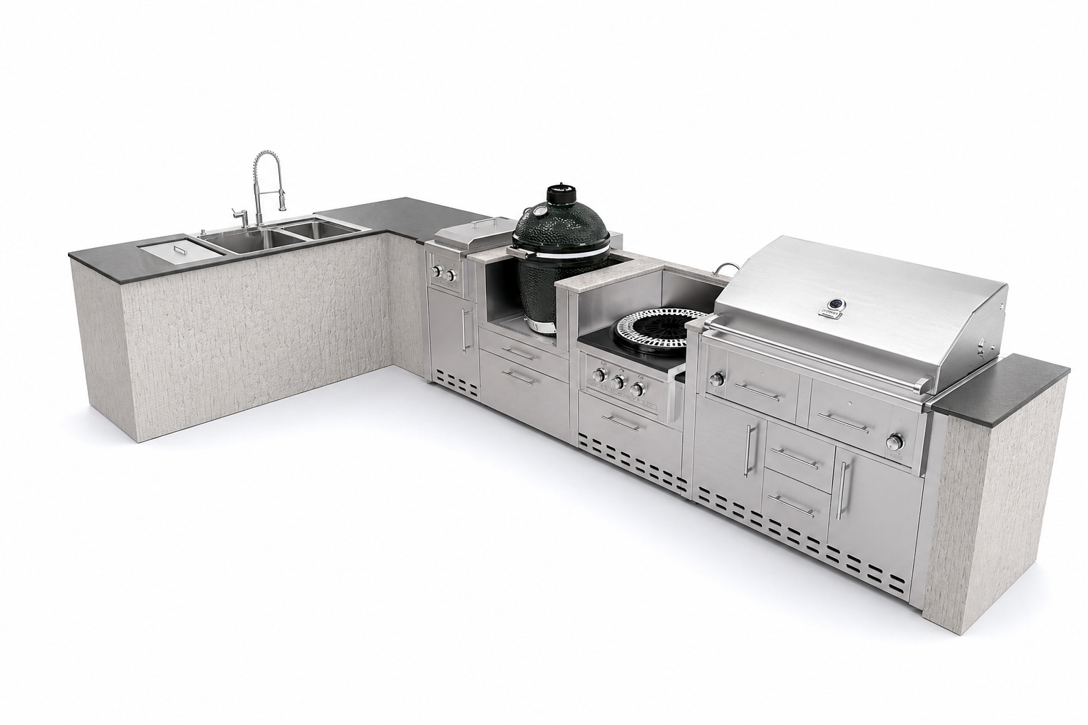 An ultra-photorealistic product photograph of an outdoor kitchen appliance — such as a gas grill, refrigerator, sink, cabinet, drawer, or bar center, stainless steel cabinets, bbq doors/drawers — captured in a modern, realistic high-end outdoor kitchen scene. Camera angle, view, lens, position, or perspective may be adjusted for optimal composition. The product's pose, proportions, and key details are preserved faithfully while integrated naturally into the environment. do not have extra outdoor