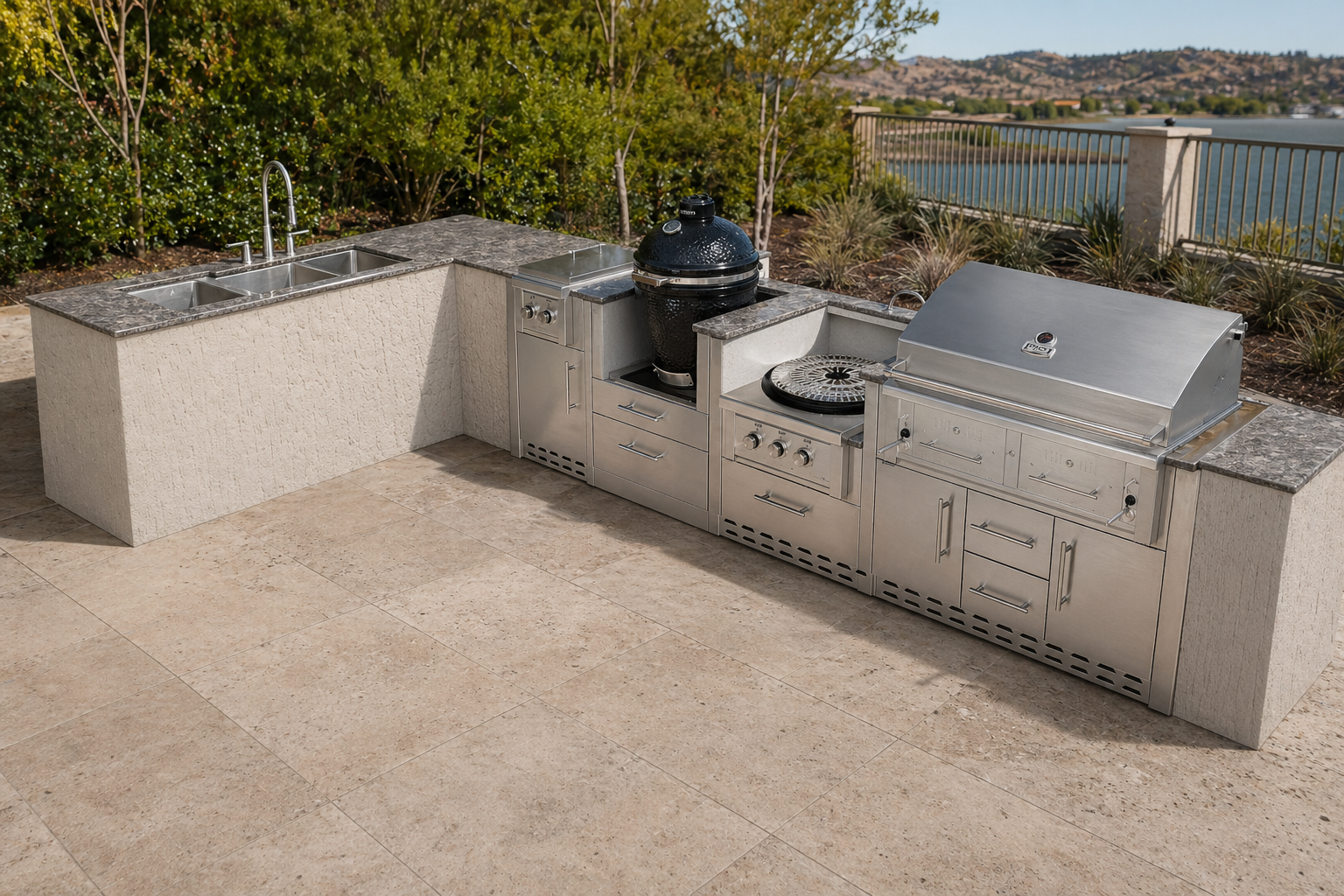 An ultra-photorealistic product photograph of an outdoor kitchen appliance — such as a gas grill, refrigerator, sink, cabinet, drawer, or bar center, stainless steel cabinets, bbq doors/drawers — captured in a modern, realistic high-end outdoor kitchen scene. Camera angle, view, lens, position, or perspective may be adjusted for optimal composition. The product's pose, proportions, and key details are preserved faithfully while integrated naturally into the environment. do not have extra outdoor