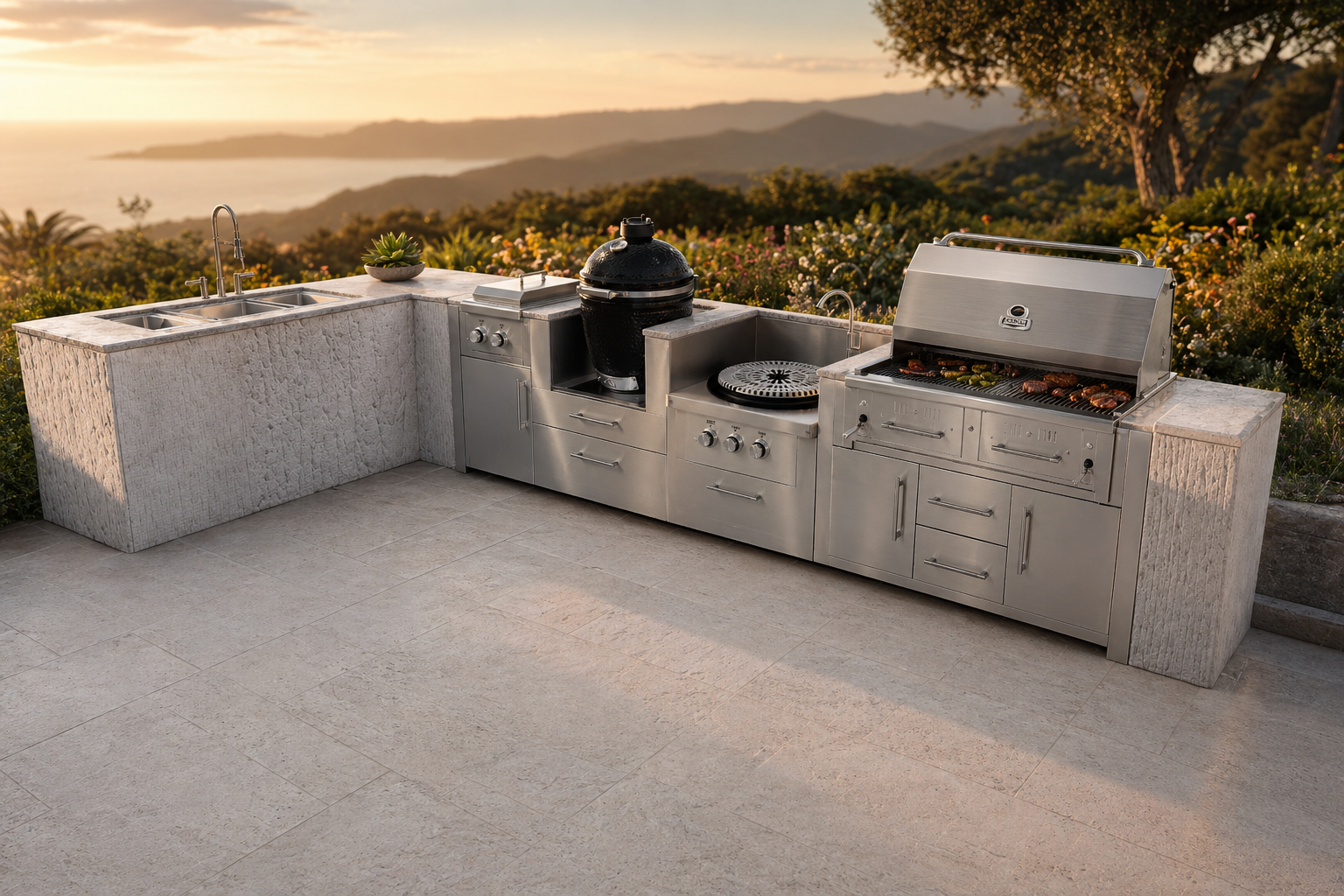 An ultra-photorealistic product photograph of an outdoor kitchen appliance — such as a gas grill, refrigerator, sink, cabinet, drawer, or bar center, stainless steel cabinets, bbq doors/drawers — captured in a modern, realistic high-end outdoor kitchen scene. Camera angle, view, lens, position, or perspective may be adjusted for optimal composition. The product's pose, proportions, and key details are preserved faithfully while integrated naturally into the environment. do not have extra outdoor