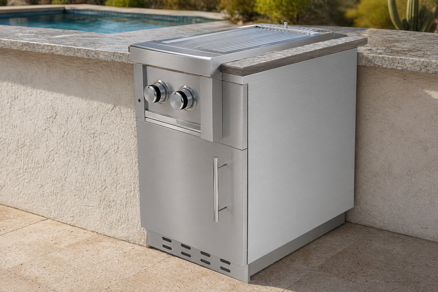 An ultra-photorealistic product photograph of an outdoor kitchen appliance — such as a gas grill, refrigerator, sink, cabinet, drawer, or bar center, stainless steel cabinets, bbq doors/drawers — captured in a modern, realistic high-end outdoor kitchen scene. Camera angle, view, lens, position, or perspective may be adjusted for optimal composition. The product's pose, proportions, and key details are preserved faithfully while integrated naturally into the environment. do not have extra outdoor